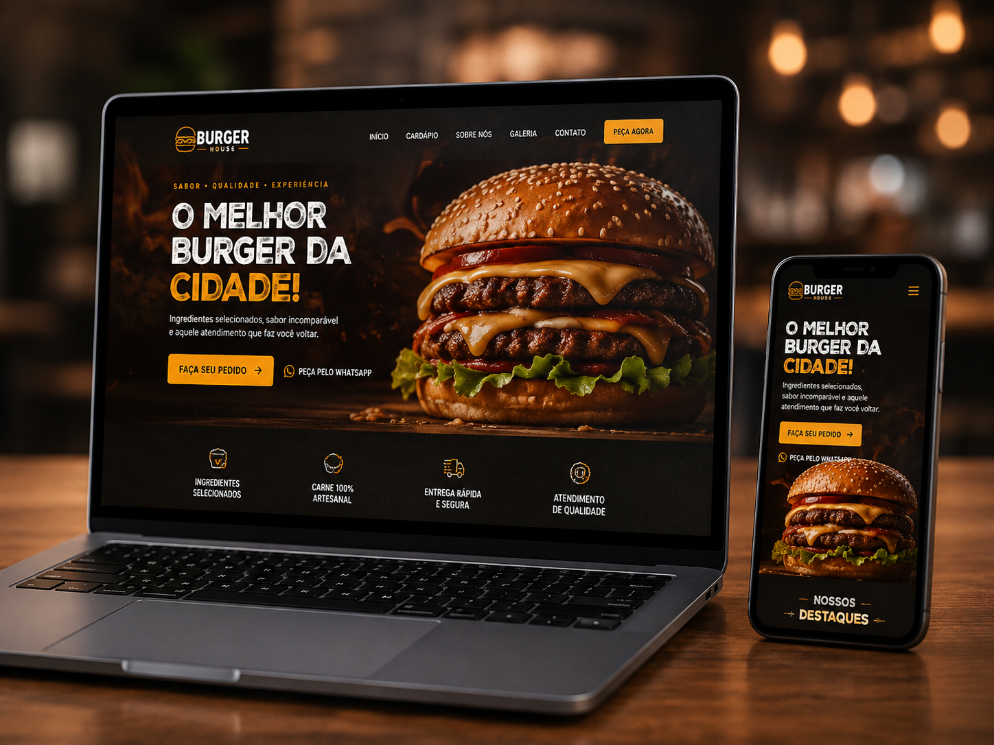 Mockup responsivo do projeto Burger House em notebook e smartphone