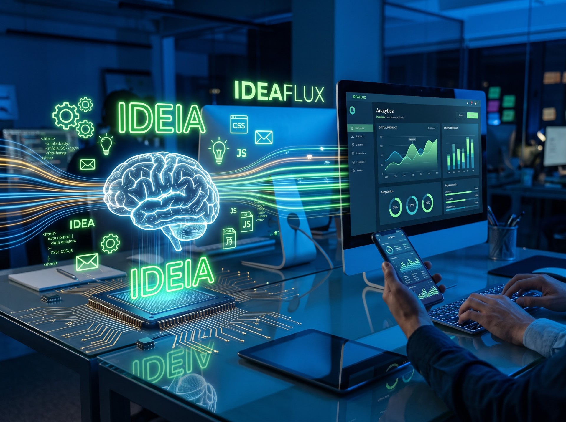 Composição visual de uma ideia se transformando em produto digital com design, código e tecnologia